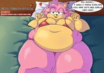 anthro bed belly belly_overhang big_belly big_breasts bikini breasts clothing double_chin female flirting furniture heart_symbol huge_belly huge_breasts huge_thighs love morbidly_obese morbidly_obese_anthro morbidly_obese_female muffin_top obese obese_anthro obese_female overweight overweight_anthro overweight_female pink_body solo speech_bubble swimwear text thick_thighs tight_clothing two-piece_swimsuit weight_gain weight_gain_drive allola1101 sega sonic_the_hedgehog_(series) amy_rose eulipotyphlan hedgehog mammal 2024 digital_drawing_(artwork) digital_media_(artwork) english_text hi_res