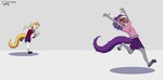 anthro blonde_hair bottomwear clothing duo feet female fluffy fluffy_tail footwear fur grey_body grey_fur hair midriff navel necktie open_mouth purple_hair running shoes skirt socks tail toeless_(marking) white_body white_fur kanrod_stavoyan dreamkeepers jeneviv_(dreamkeepers) kalei_(dreamkeepers) ailurid mammal red_panda 2025 hi_res