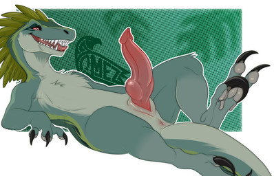 animal_genitalia anus claws erection feet feral finger_claws genital_slit genitals knot knotted_penis looking_at_viewer lying male open_mouth paws penis presenting presenting_penis sharp_teeth smile snout tail teeth toe_claws omez dinosaur prehistoric_species reptile scalie