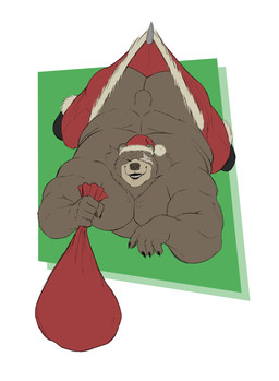 anthro barazoku brown_body brown_fur butt christmas_clothing christmas_headwear clothed clothing costume eye_scar eyes_closed facial_scar fur hat headgear headwear holidays hook hung_clothing male musclegut muscular muscular_male open_mouth open_smile overweight overweight_male sack santa_costume santa_hat scar short_tail smile solo stocky suspension tail topless topless_male zekebear christmas mihoyo zenless_zone_zero ben_bigger bear mammal thiren hi_res