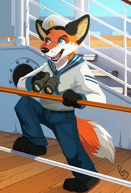 anthro black_nose blue_bottomwear blue_clothing blue_eyes blue_pants bottomwear clothed clothing fur glistening glistening_eyes hat head_tuft headgear headwear holding_binoculars inner_ear_fluff logo male male_anthro open_mouth open_smile orange_body orange_fur outside pants pink_tongue shirt smile solo standing tongue topwear tuft white_body white_clothing white_fur white_hat white_headwear white_shirt white_topwear yellow_inner_ear_fluff pandapaco canid canine fox mammal artist_logo signature