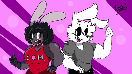 anthro biped black_body black_eyes black_fur black_hair clothed clothing duo front_view fur gloves hair handwear heart_symbol male male_anthro muscular muscular_male pupils red_pupils standing symbol white_body white_fur white_hair white_pupils lunnybunny19 dennis_(cyds2) lunny_(lunnybunny19) lagomorph leporid mammal rabbit 16:9 hi_res widescreen
