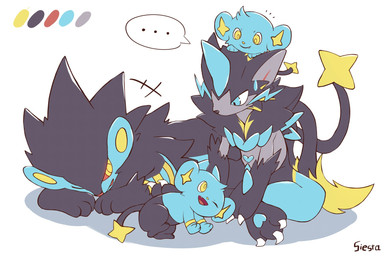 ambiguous_gender anthro blue_body blue_eyes blue_fur carrying_another claws color_swatch ellipsis fangs feral fur grey_body grey_fur group lying male on_front on_head one_eye_closed open_mouth pawpads paws red_sclera simple_background sitting size_difference tail teeth tongue whiskers yellow_eyes siestingtime nintendo pokemon pokemon_legends_z-a felid feline generation_4_pokemon generation_9_pokemon legendary_pokemon luxray mammal mega_evolution mega_zeraora pokemon_(species) shinx 2025 3:2 hi_res signature