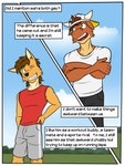 3:4 anthro backwards_baseball_cap backwards_hat baseball_cap bottomwear bovid bovine canid canine canis cattle clothed clothing comic coyote crossed_arms duo english_text fangs fully_clothed fuze hat headgear headwear hi_res male mammal mond_reyes one_eye_closed outside shirt shorts t-shirt tank_top teeth texnatsu text topwear ty_conrad wink