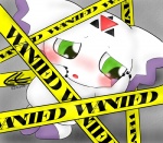 ambiguous_gender anthro barricade_tape big_ears blush caution_tape embarrassed facial_markings forehead_markings green_eyes head_markings looking_away markings solo symbol tape white_body worried zero_unit clyndemoon bandai_namco digimon calumon digimon_(species) 2009