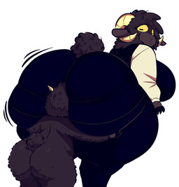 ambiguous_gender anthro big_breasts big_butt black_body black_bottomwear black_clothing black_dress black_fur black_pants black_skin black_wool bottomwear breasts butt butt_grab clothing dress duo eyelashes face_in_ass female fur hand_on_butt horizontal_pupils horn huge_breasts huge_butt huge_thighs looking_back male male/female pants pupils simple_background tail thick_thighs topwear white_background white_clothing white_topwear wool_(fur) yellow_sclera astonarts jamu_(astonarts) null_(astonarts) bovid caprine mammal sheep 2026 hi_res male_(lore)