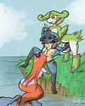 anthro anthrofied big_breasts blush breasts butt cunnilingus female female/female fingering furitty generation_1_pokemon generation_4_pokemon generation_5_pokemon goldeen group legendary_pokemon lucario nintendo nipples nude oral outside pokemon pokemon_(species) sex tongue tongue_out vaginal virizion water