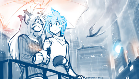 antenna_hair anthro balcony beverage biped blue_hair bottomwear canon_couple chest_tuft city cityscape clothed clothed_anthro clothed_female clothed_human clothed_male clothing duo_focus eye_contact female fingers flying front_view fully_clothed fully_clothed_anthro fully_clothed_female fully_clothed_human fully_clothed_male fur group hair holding_beverage holding_object holding_umbrella inner_ear_fluff long_hair looking_at_another male markings membrane_(anatomy) membranous_wings outside raining standing striped_body striped_fur striped_markings striped_tail stripes sweater tail tail_coil tail_hug tail_markings topwear trio tuft umbrella wings conditional_dnp tom_fischbach mythology twokinds flora_(twokinds) trace_legacy dragon felid human keidran mammal mythological_creature mythological_scalie pantherine scalie tiger 2026 7:4 digital_drawing_(artwork) digital_media_(artwork) hi_res monochrome sketch spot_color