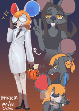 4_fingers anthro biped bottomwear breasts brown_hair candy claws clothed clothed_anthro clothed_female clothing cosplay costume dessert duo eyewear face_powder female finger_claws fingers food footwear freckled_shoulders freckles front_view fully_clothed fully_clothed_anthro fully_clothed_female fur glasses grey_body grey_fur hair halloween_bucket halloween_costume high_heels holding_object holidays lollipop looking_at_viewer navel orange_hair powdering shoes simple_background smile standing teeth topwear whiskers white_body white_fur el-k animal_crossing halloween nintendo petri_(animal_crossing) ratricia_(el-k) mammal mouse murid murine rodent 2025 absurd_res digital_drawing_(artwork) digital_media_(artwork) hi_res