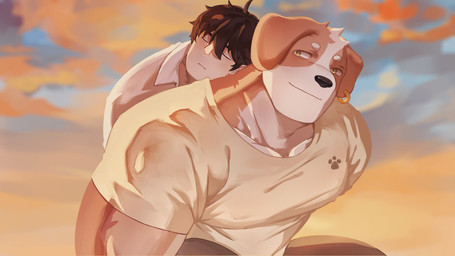 anthro carrying_another carrying_partner clothing duo ear_piercing eyes_closed human_on_anthro interspecies larger_anthro larger_male male male/male muscular muscular_anthro muscular_male pecs piercing piggyback shirt size_difference sleeping smaller_human smaller_male sunset topwear guojun2333 beagle canid canine canis domestic_dog human hunting_dog mammal scent_hound 16:9 absurd_res hi_res widescreen