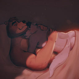 anthro beard blush butt cuddling duo facial_hair facial_piercing fluffy fluffy_tail hug larger_male looking_at_another looking_at_partner male male/male nose_piercing nose_ring piercing ring_piercing septum_piercing septum_ring size_difference sleeping smaller_male smile tail rovindeer bear canid canine canis mammal wolf 1:1 hi_res