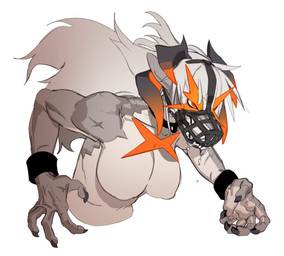 5_fingers angry anthro bracelet breasts chest_scar claws featureless_breasts female finger_claws fingers fur grey_body grey_fur hair horn jewelry muzzle_(object) muzzled red_eyes scar solo white_body white_fur white_hair wire_basket_muzzle telson canid canine mammal