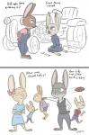 anthro ball bow_(feature) bow_accessory clothed clothing dialogue ear_bow female gridiron_ball group hands_on_hips jumpsuit kneeling male overalls simple_background text tools tractor vehicle white_background wrench young young_anthro tggeko disney zootopia fan_character lagomorph leporid mammal rabbit 2017 english_text hi_res