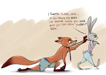 anthro barefoot blush bottomwear boxers_(clothing) brown_body brown_fur brown_tail_tip clothed clothing dipstick_ears dipstick_tail drunk duo ear_markings feet fully_clothed fur gloves_(marking) grey_body grey_fur leg_markings markings multicolored_ears multicolored_tail necktie pants shirt socks_(marking) substance_intoxication tail tail_markings tank_top text topless topwear underwear walking thearonaut disney zootopia judy_hopps nick_wilde canid canine fox lagomorph leporid mammal rabbit red_fox true_fox english_text