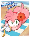 5_fingers accessory all_fours anthro ass_up beach beach_towel black_nose blush bracelet butt clothing eyelashes female fingers flower flower_in_hair gloves green_eyes hair hair_accessory hairband handwear jewelry looking_at_viewer pink_hair plant sand seaside short_hair smile solo text towel water delicioussoup sega sonic_the_hedgehog_(series) amy_rose eulipotyphlan hedgehog mammal 2023 artist_name english_text hi_res