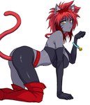 all_fours armwear bell boots cat_tail clothing elbow_gloves female footwear gloves grey_body hair handwear legwear paw_pose pose pupils red_hair shoes slit_pupils solo thigh_boots thigh_highs yellow_eyes leon_kim eto_rangers nyanma felid feline humanoid mammal hi_res