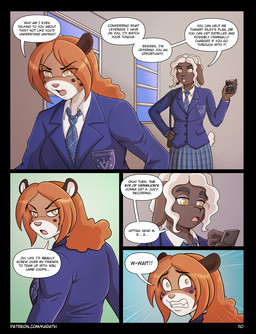 5_fingers accessory anthro black_border blackmail blush blush_lines bodily_fluids border bottomwear breasts brown_body brown_fur brown_hair brown_skin cartoon_freckles cellphone clothed clothing dialogue duo electronics female fingers freckled_face freckles fur hair multicolored_body multicolored_fur necktie page_number phone school_uniform shirt skirt smartphone spot_freckles spots text topwear two_tone_body two_tone_fur uniform vest white_body white_fur white_wool wool_(fur) conditional_dnp kadath gabby_(kadath) regina_(kadath) bovid caprine domestic_cat domestic_sheep felid feline felis mammal sheep comic digital_media_(artwork) english_text hi_res shaded url