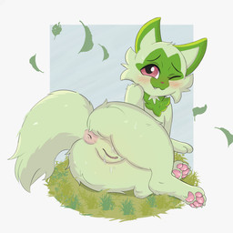 anus bodily_fluids dripping female feral genital_fluids genitals grass looking_at_viewer paws plant precum precum_drip presenting presenting_anus presenting_vulva quadruped simple_background solo vulva twizzlrs nintendo pokemon generation_9_pokemon pokemon_(species) sprigatito 1:1 2022 hi_res