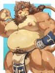 anthro balls belly black_pubes bottomwear brown_body brown_fur bulge clothing fur genitals humanoid_hands kemono loincloth male moobs navel nipples overweight overweight_anthro overweight_male pubes solo m0000rgn ross_(rossciaco) felid lion mammal pantherine 2021 hi_res