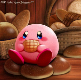 ambiguous_gender basket blue_eyes bread bread_loaf container detailed_background detailed_food eating eating_food food glistening glistening_eyes inside pink_body sitting solo text piper_thibodeau kirby_(series) nintendo kirby waddling_head 2023 detailed digital_media_(artwork) digital_painting_(artwork) painting_(artwork)