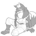 anthro barefoot biped clothed clothing feet fur male simple_background sitting solo toes whiskers white_background lowerkuo gingitsune tetsuro canid canine canis mammal wolf 1:1 monochrome