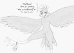 anthro clothing female genitals inquisitive o_0 panties pussy solo text underwear wings sspore banjo-kazooie rareware kazooie avian bird breegull english_text hi_res monochrome