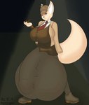 aggretsuko anthro balls_outline bardicdragoon big_breasts big_bulge big_ears breasts bulge canid canine clothed clothing detailed_bulge detective detective_fenneko fennec_fox fenneko footwear fox fully_clothed genital_outline gynomorph hi_res huge_bulge hyper hyper_bulge intersex jacket legwear mammal necktie penis_outline pipe sanrio shoes solo suit topwear true_fox vest