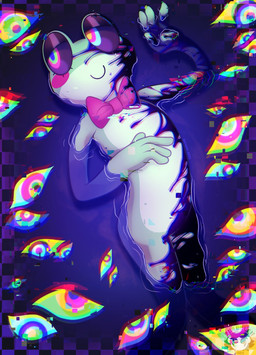 abstract_background ambiguous_gender anthro blush bow_tie bow_tie_only countershade_torso countershading disembodied_eyes face_blush featureless_chest featureless_crotch green_body mostly_nude multicolored_eyes naturally_unclothed partially_submerged purple_sclera smile solo zurusle glitch_productions the_amazing_digital_circus ribbit_(tadc) abstraction_(tadc) amphibian frog hi_res