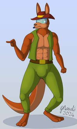 3_toes 4_fingers abs anthro athletic athletic_anthro athletic_male barefoot black_nose bottomwear brown_body brown_fur clothed clothing feet fingers fur gesture hand_gesture hat headgear headwear hindpaw humanoid_hands male navel pants paws pointing solo standing toes topwear vest visor strikersa dinky_di's aussie_roo kangaroo macropod mammal marsupial 2024 3:5 hi_res signature