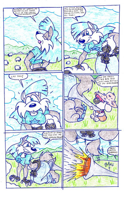 anthro blue_clothing blue_hair blue_shirt blue_topwear clothing duo female gun hair male outside ranged_weapon shirt speech_bubble text topwear weapon virus-20 wendy_wolf_(virus-20) bovid canid canine canis caprine domestic_dog mammal sheep wolf 2008 comic