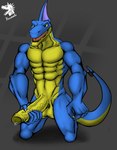 anthro balls blue_body blue_scales blue_skin galileo_(pp) genitals hi_res male muscular muscular_anthro muscular_male nazuranoke penis power_players reptile scales scalie solo vein veiny_penis yellow_body yellow_scales yellow_skin