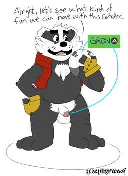 anthro balls black_body black_nose controller flaccid game_controller genitals humanoid_genitalia humanoid_penis male open_mouth penis solo standing text white_body zephyrwoof bradley_the_badger_(game) bradley_(bradley_the_badger) badger mammal mustelid musteline 2025 english_text hi_res