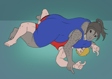 anthro big_breasts blonde_hair breast_smother breasts dominant dominant_anthro dominant_female duo female grapevine_pin hair male male/female mixed_wrestling musclegut muscular pinned ponytail slightly_chubby smothering wrestling wrestling_singlet norsuiso aquatic human leopard_seal mammal pinniped seal absurd_res flat_colors hi_res