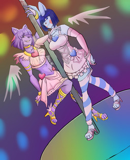 accessory anthro black_clothing black_dress blue_eyes bottomwear bow_ribbon breasts clothed clothing costume dancing dress duo female footwear fur hair heart_symbol high_heels holding_pole looking_at_viewer multicolored_body multicolored_fur navel on_one_leg one_eye_obstructed pink_cheeks pink_nose pole pole_dancing purple_body purple_eyes purple_fur purple_hair purple_nose ribbons shoes simple_background skirt smile standing teeth text white_body white_fur wings hinocae vkontakte masyunya_(vkontakte) usagichi_(vkontakte) domestic_cat felid feline felis lagomorph leporid mammal rabbit 2022 artist_name