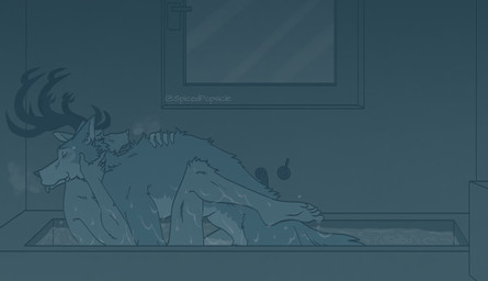 anthro anthro_on_anthro antlers bath bathing bathroom bathtub breath duo eyes_closed from_front_position fur hand_on_back hand_on_head head_on_shoulder horn lying male male/male missionary_position nude on_back open_mouth raised_leg romantic romantic_ambiance romantic_couple sex tongue tongue_out water wet wet_body wet_fur spicedpopsicle beastars kinktober legoshi_(beastars) louis_(beastars) canid canine canis cervine deer mammal red_deer wolf 2020 hi_res monochrome
