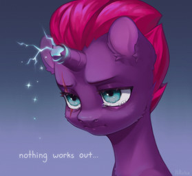 blue_eyes bodily_fluids broken_horn cheek_tuft crying dialogue ear_tuft eye_scar eyebrows eyelashes facial_scar facial_tuft female feral fur hair horn magic pink_hair purple_body purple_fur scar solo tears text tuft hirichie friendship_is_magic hasbro my_little_pony my_little_pony:_the_movie_(2017) mythology tempest_shadow_(mlp) equid equine mammal mythological_creature mythological_equine unicorn digital_media_(artwork) english_text hi_res