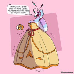 after_transformation ambiguous_gender anthro ball_gown clothing_transformation duo transformation lorejuniper amadeus_(lorejuniper) avian bird canid canine fox galliform mammal peafowl phasianid hi_res nonbinary_(lore)