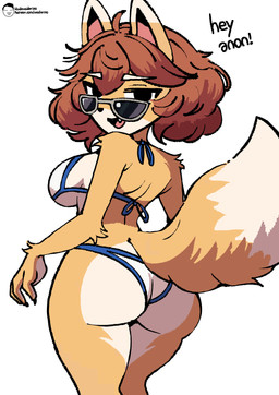 anthro arm_tuft back-tie_bikini back-tie_clothing back-tie_swimwear bikini biped black_eyes black_nose blue_bikini blue_clothing blue_swimwear breasts brown_hair butt cheeky_bikini claws clothed clothed_anthro clothed_female clothing colored_edge_bikini countershade_butt countershade_face countershade_hands countershade_legs countershade_thighs countershade_torso countershading dialogue dipstick_ears dipstick_tail ear_markings elbow_tuft eyebrows eyewear fangs female female_anthro finger_claws fingers fluffy fluffy_tail fur hair halter_bikini legs_together looking_at_viewer looking_back looking_back_at_viewer markings multicolored_bikini multicolored_clothing multicolored_ears multicolored_swimwear neck-tie_bikini neck-tie_clothing neck-tie_swimwear open_mouth orange_body orange_fur orange_tail pink_inner_ear pointy_ears raised_tail shoulder_tuft simple_background solo sunglasses swimwear tail tail_markings talking_to_viewer teeth text thick_thighs tongue_showing tuft two-piece_swimsuit two_tone_bikini wearing_sunglasses white_background white_bikini white_body white_clothing white_countershading white_ear_tips white_eyebrows white_fur white_swimwear white_tail_tip wrist_tuft voider_(artist) bully_fox canid canine fox mammal 2025 absurd_res artist_name digital_media_(artwork) english_text hi_res url
