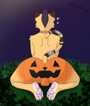 anthro anus backsack balls big_butt bodypaint brown_body brown_fur butt choker femboy food fruit fur genitals hair hearts_around_head jack-o'-lantern jewelry long_tail male necklace painted_balls painted_butt pawpads plant presenting presenting_hindquarters pumpkin pumpkin_butt purple_hair rear_view sitting sitting_on_ground solo tail thick_thighs raivendrawz raiven_(raivendrawz) felid feline mammal serval