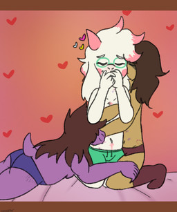 ambiguous_gender anthro bisexual blush body_hair breasts brown_hair bruised butt clothed clothing eyewear female footwear fur glasses group hair happy_trail heart_symbol hickey kissing legwear long_hair male partially_clothed pink_hair polyamory purple_body purple_scales romantic romantic_ambiance romantic_couple scales side_boob slightly_chubby socks stretch_marks tan_body thick_thighs underwear white_body white_fur goatboyalex deltarune undertale_(series) kris_dreemurr ralsei susie_(deltarune) bovid caprine darkner goat human mammal scalie 2018 5:6 letterbox