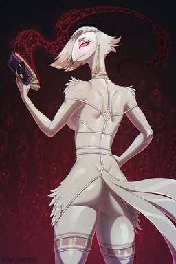 anthro beak biped breasts butt clothed clothed_anthro clothed_female clothing feathers female fingers hait looking_at_viewer rear_view smile solo standing tail tail_feathers thalislixeon hellaverse the_lesser_key_of_solomon vilhelmina avian bird demon owl owl_demon 2026 2:3 digital_drawing_(artwork) digital_media_(artwork) hi_res