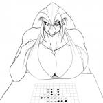 anthro anthrofied bare_shoulders big_breasts board_game breasts cleavage clothed clothing female hair huge_breasts hyper hyper_breasts long_hair non-mammal_breasts pokemorph solo kosmonius nintendo pokemon rosa_pyle avian generation_1_pokemon pidgeot pokemon_(species) 1:1 hi_res monochrome