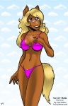 anthro bikini biped blonde_hair blue_eyes breasts brown_body brown_fur clothed clothing crossgender eyewear female fur glasses hair long_hair navel skimpy solo swimwear tail tight_clothing two-piece_swimsuit wonderduck sarah-belle equid equine horse mammal