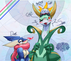 anthro blue_body blush exclamation_point eyebrows eyelashes eyes_closed female feral fingers fur green_body group heart_symbol looking_at_another looking_up male musical_note musical_symbol one_eye_closed open_mouth open_smile question_mark red_eyes sharp_teeth smile symbol teeth text tongue trio white_body white_fur white_sclera mordegh nintendo pokemon amphibian arthropod frog generation_5_pokemon generation_6_pokemon greninja larvesta pokemon_(species) reptile scalie serperior snake 2026 absurd_res artist_name english_text hi_res huge_filesize