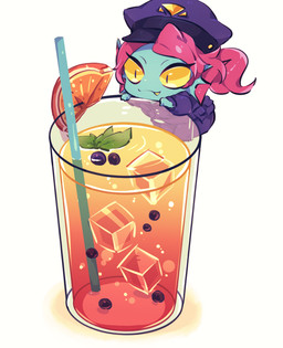 beverage blue_body blue_skin bubble_tea chibi clothing drinking_straw ear_fins female fin food fruit hair plant police police_hat police_officer police_uniform pupils red_hair slit_pupils smile solo uniform yellow_sclera nuba_ball deltarune undertale_(series) undyne animal_humanoid aquatic aquatic_humanoid fish fish_humanoid humanoid