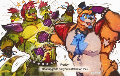 abs anthro armpit_hair body_hair bodypaint bottomwear bow_tie cable clothing dizzy duo eyewear fingerless_gloves gloves green_body hair hand_on_head handwear happy_trail hat headgear headwear hitting male male/male motion_lines musclegut muscular muscular_anthro muscular_male pants pecs red_hair shoulder_pads slap sunglasses tail text top_hat ezi_zeke five_nights_at_freddy's five_nights_at_freddy's:_security_breach naoya_hair_flip scottgames steel_wool_studios glamrock_freddy montgomery_gator alligator alligatorid bear crocodilian mammal reptile scalie english_text hi_res meme