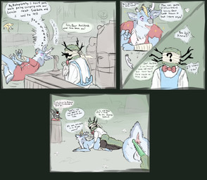 ambiguous_gender anthro antlers anus apron balls banana_peel bandage bar_tending black_antlers black_body black_fur blue_antlers blue_body blue_fur bow_tie broken_antler brown_markings clothing dialogue falling from_behind_position fur genitals green_body green_fur green_penis group hooves horn male markings penis penis_on_butt public public_sex purple_eyes question_mark robe sex shirt simple_background sparkles speech_bubble spots spotted_body spotted_fur text thought_bubble topwear trio white_body white_fur white_wool wool_(fur) wounded welcometaco cult_of_the_lamb massive_monster_(studio) fan_character lamb_(cult_of_the_lamb) leshy_(cult_of_the_lamb) red_crown_(cult_of_the_lamb) bagworm bovid caprine cervine deer domestic_sheep jacob_sheep mammal red_deer sheep comic english_text hi_res sketch