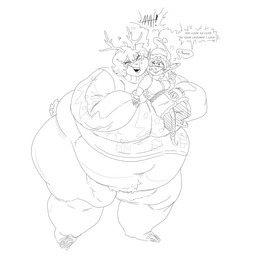 anthro belly big_belly big_breasts breasts clothing female horn overweight speech_bubble sweater text thick_thighs topwear grindaviking deer mammal new_world_deer reindeer 1:1 2019 hi_res monochrome