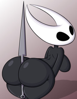 bent_over big_butt black_body black_eyes bottom_heavy breasts butt female looking_back nail_(weapon) nude object_between_buttocks shadow side_boob simple_background solo teasing thick_thighs weapon white_head wide_hips zinzoa hollow_knight_(franchise) team_cherry hornet_(hollow_knight) arthropod 2024 absurd_res hi_res