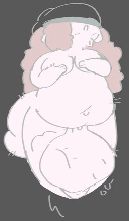 anthro belly clothing cock_vore genitals grey_background hair hair_over_eye headgear headwear long_hair male moobs navel obese obese_male overweight overweight_male penile penis simple_background solo tail vore guhhuh6 guhhuh6_(character) felid feline mammal hi_res